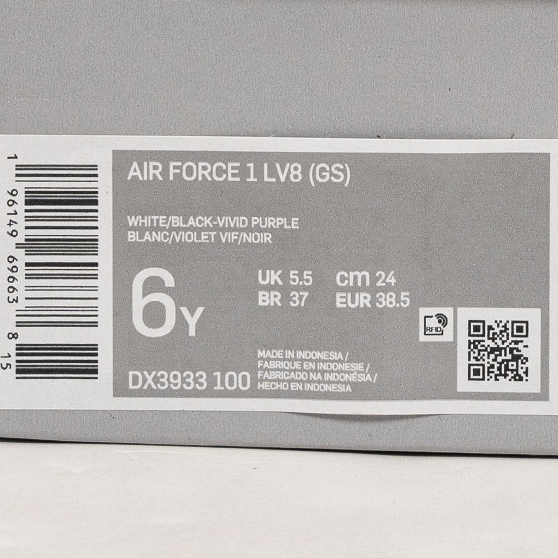 Nike Air Force 1 LV8 GS White/Black-Vivid Purple Size