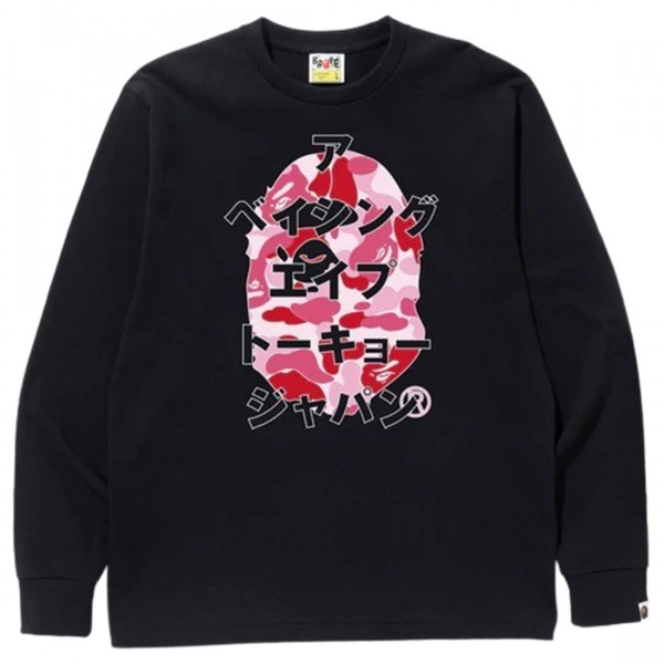 A Bathing Ape Men ABC Camo Japanese Letters Long Sleeve Tee black pink