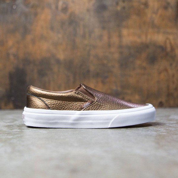 Vans Women Classic Slip On Metallic Leather Brown Saddle