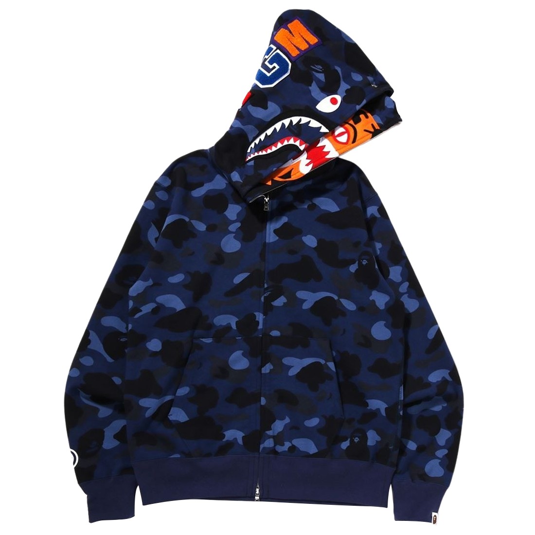 A Bathing Ape Men Color Camo Tiger Shark Wide Full Zip Double Hoodie (navy)