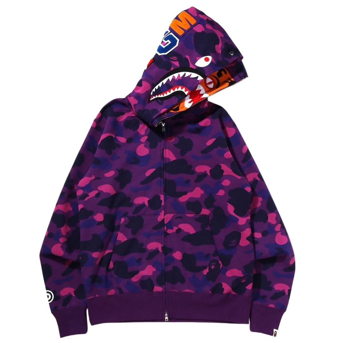 A Bathing Ape Men Color Camo Tiger Shark Wide Full Zip Double Hoodie (purple)