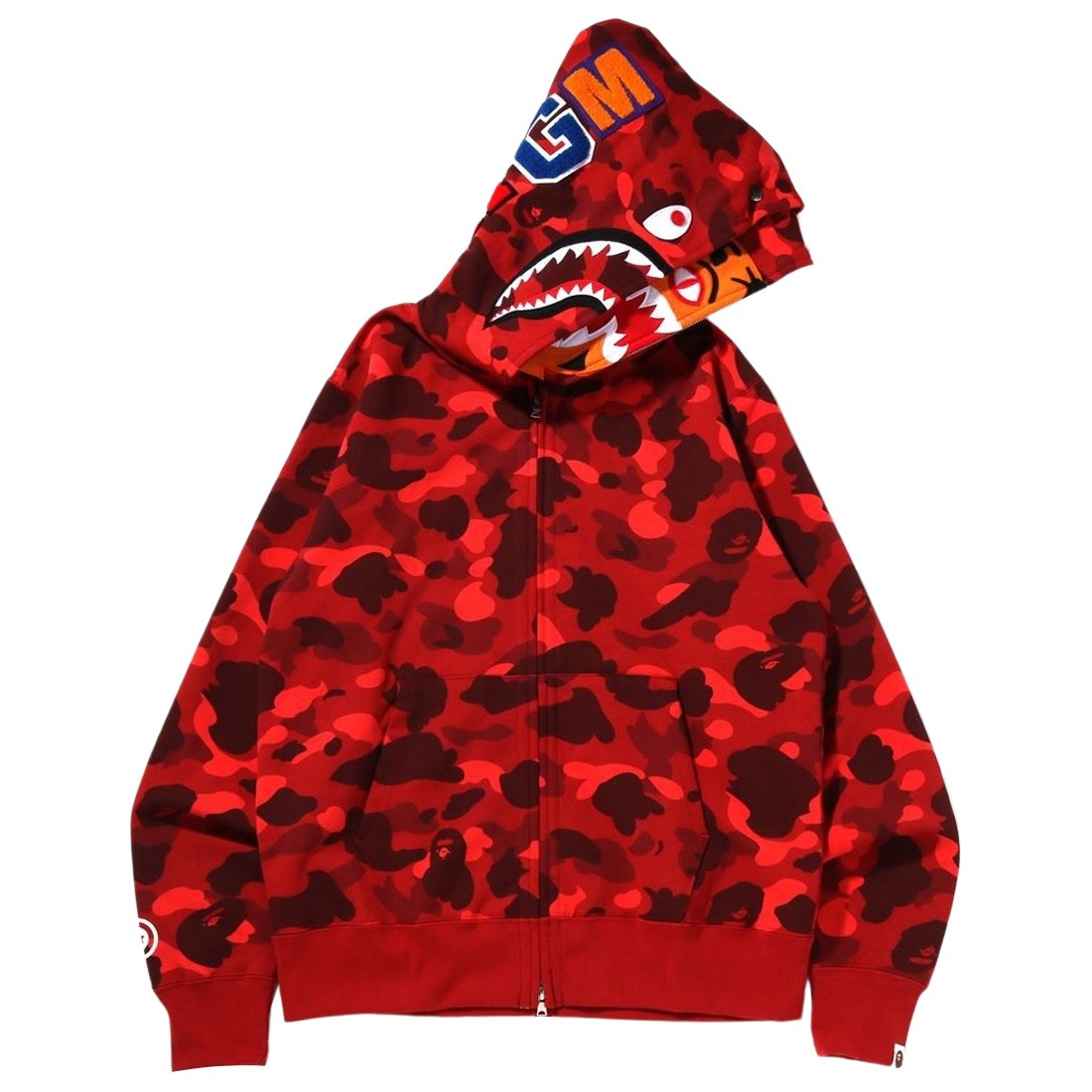 A Bathing Ape Men Color Camo Tiger Shark Wide Full Zip Double Hoodie (red)