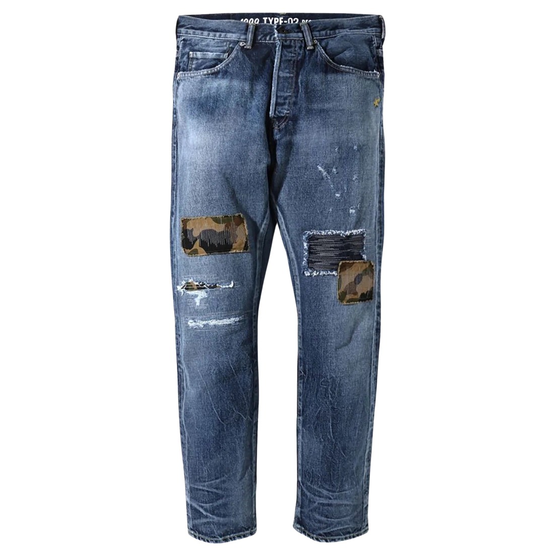 A Bathing Ape Men 1999 Type-02 1st Camo Patch Damaged Denim Pants (blue /  indigo)