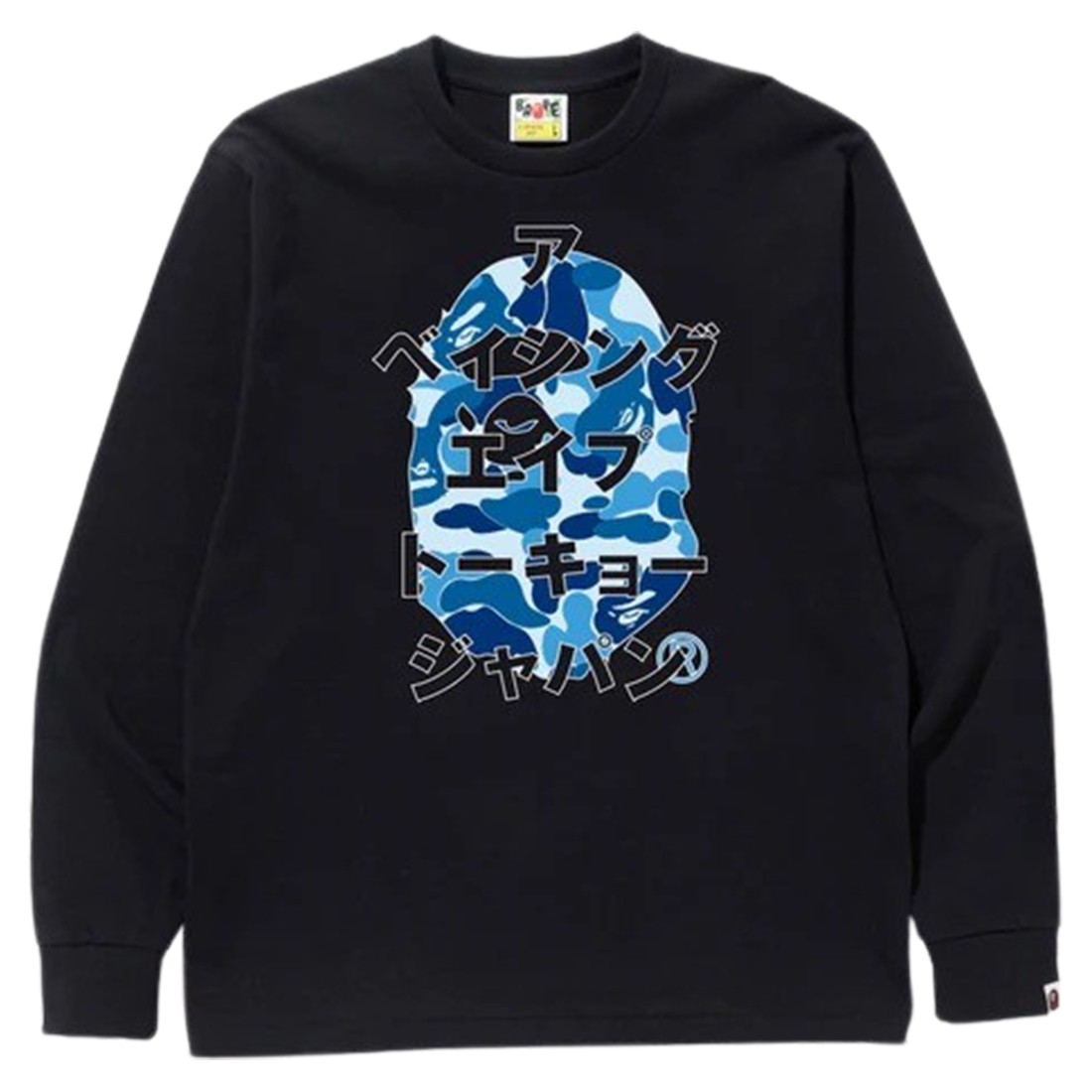 A Bathing Ape Men ABC Camo Japanese Letters Long Sleeve Tee (black / blue)