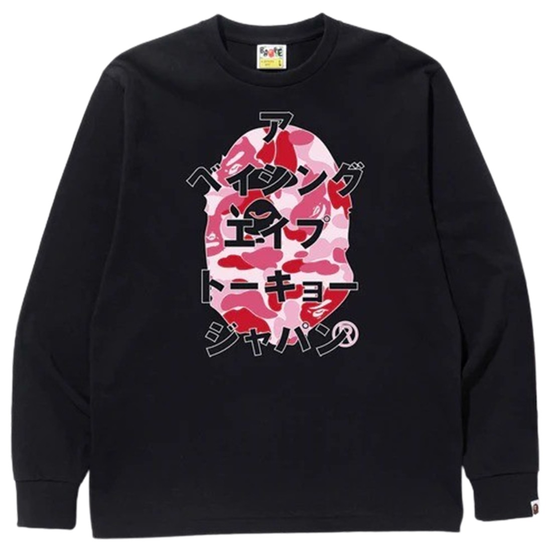 A Bathing Ape Men ABC Camo Japanese Letters Long Sleeve Tee (black / pink)