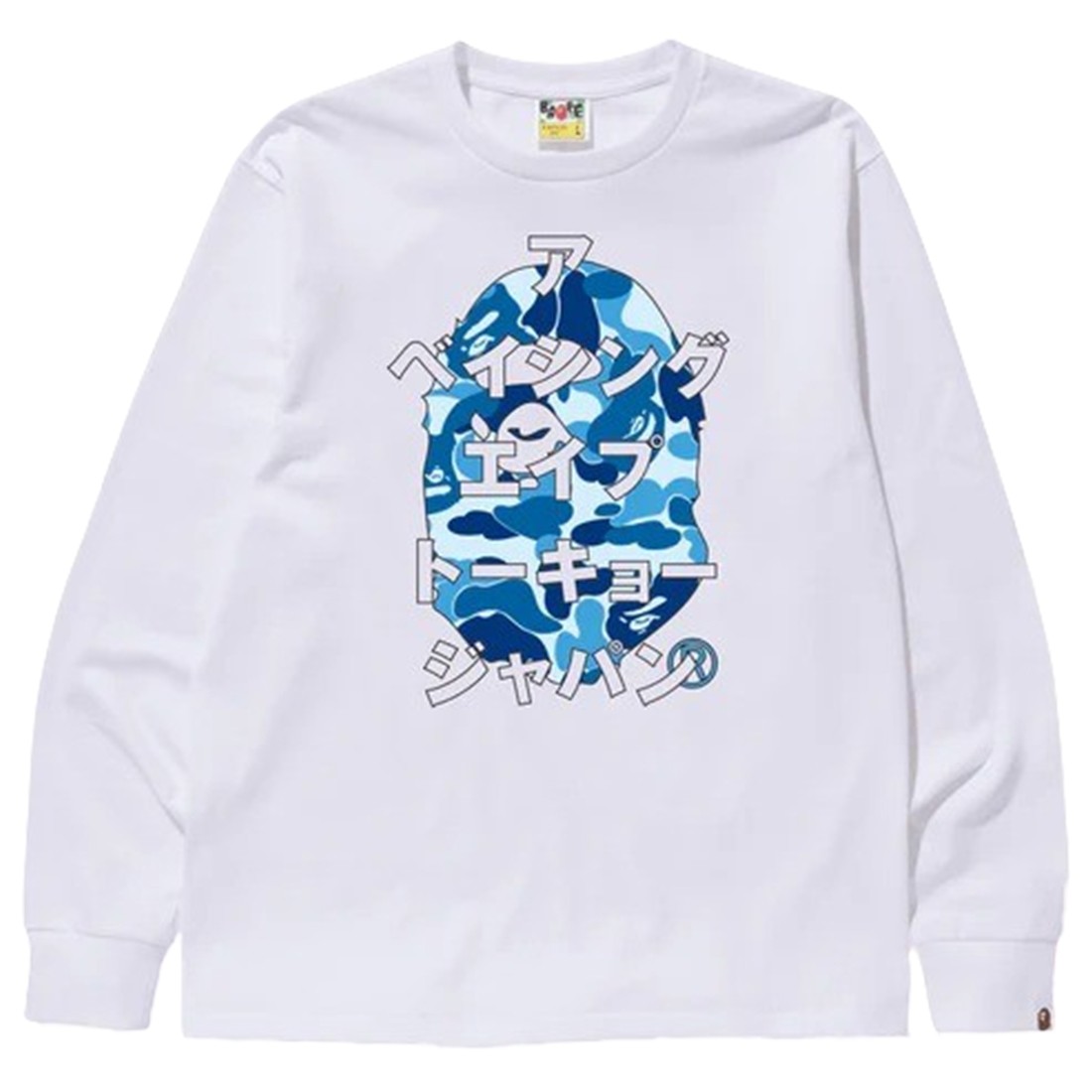 A Bathing Ape Men ABC Camo Japanese Letters Long Sleeve Tee (white / blue)