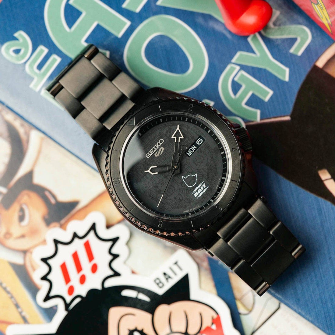 bait x astro boy x seiko caliber 4r36 5 sports watch limited edition of  2000 black