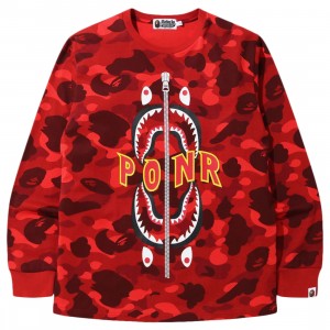 A Bathing Ape Men Color Camo Shark Long Sleeve Tee (red)