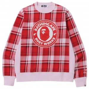 A Bathing Ape Men Bape Check Gift Busy Works Crewneck (red)