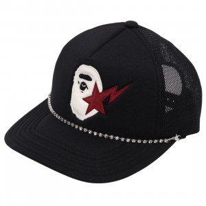 A Bathing Ape Sta Ape Head Leather Patched Mesh Cap (black)