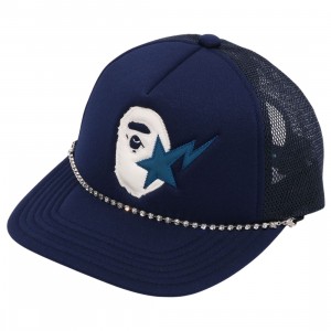 A Bathing Ape Sta Ape Head Leather Patched Mesh Cap (blue)