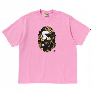 A Bathing Ape Men Vacation Pattern Ape Head Relaxed Fit Tee (pink)