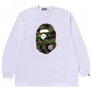 A Bathing Ape Men 1st Camo Ape Head Relaxed Fit Long Sleeve Tee (white)