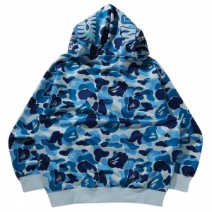A Bathing Ape Men ABC Camo Rayon Relaxed Fit Shark Full Zip Hoodie (blue)
