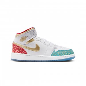 Air Jordan 1 Mid Sneaker School Big Kids (white / metallic gold-university red)
